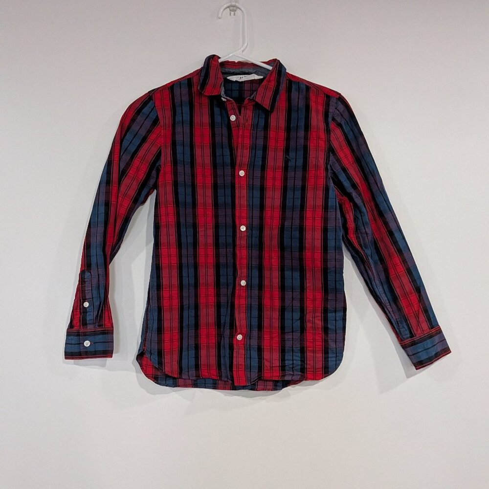 H&M Plaid Long Sleeve Shirt Blue Red Size 14
